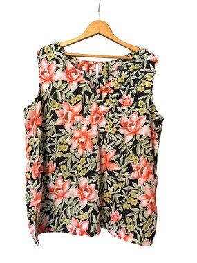 Womens KAKTUS PLUS Sleeveless Top SZ 1X Black Pink Orange Floral VTG Keyhole